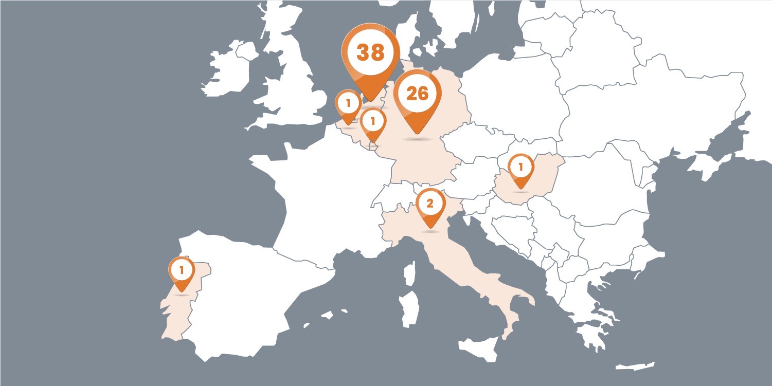 A map of Europe with numbers of startups per country on Leapfunder